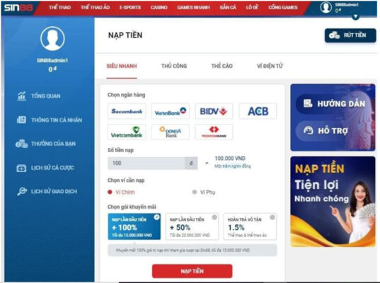 Hướng dẫn nạp tiền Sin88 đơn giản, chuẩn xác