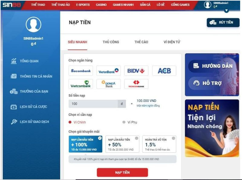Hướng dẫn nạp tiền Sin88 đơn giản, chuẩn xác