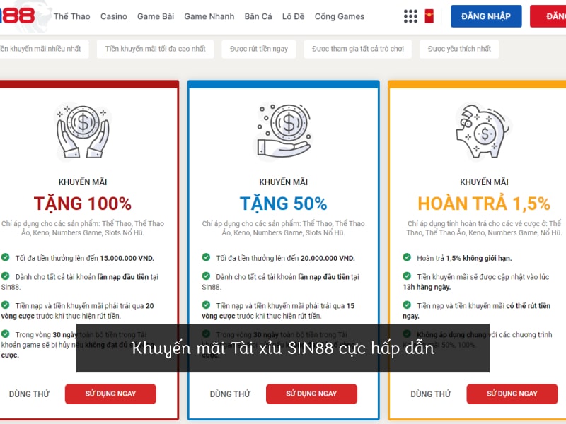 Khuyến mãi Tài xỉu SIN88 cực hấp dẫn