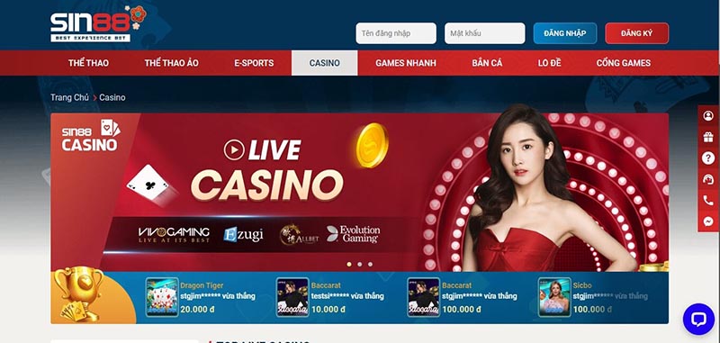 Sảnh game hội tụ anh tài hot hit gọi tên Casino Online Sin88